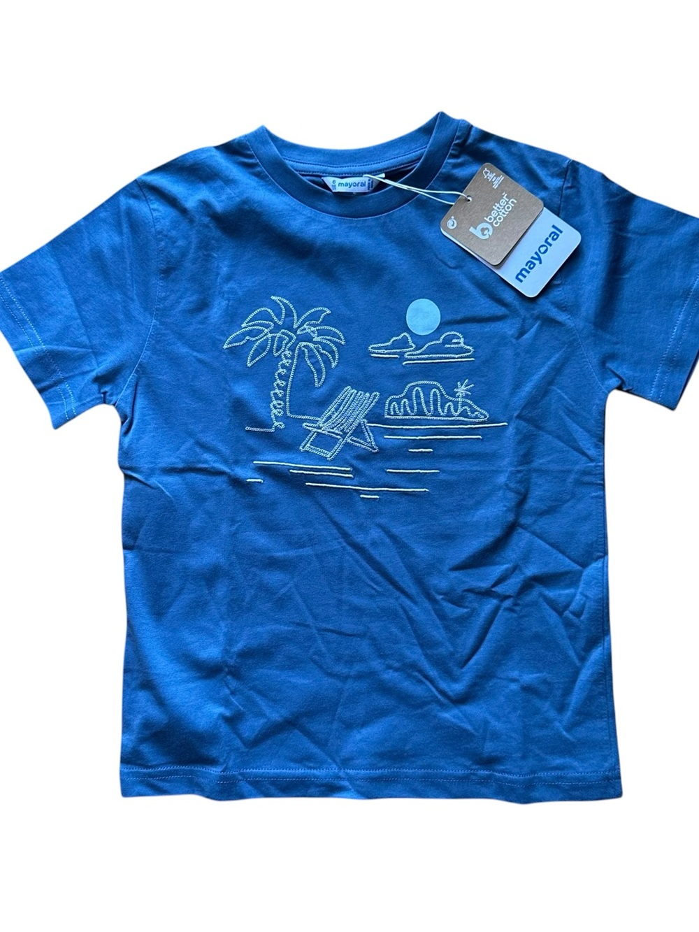 Mayoral NWT Boys 6 Shirt Blue Beach Palm Tree Embroidered Regata Summer